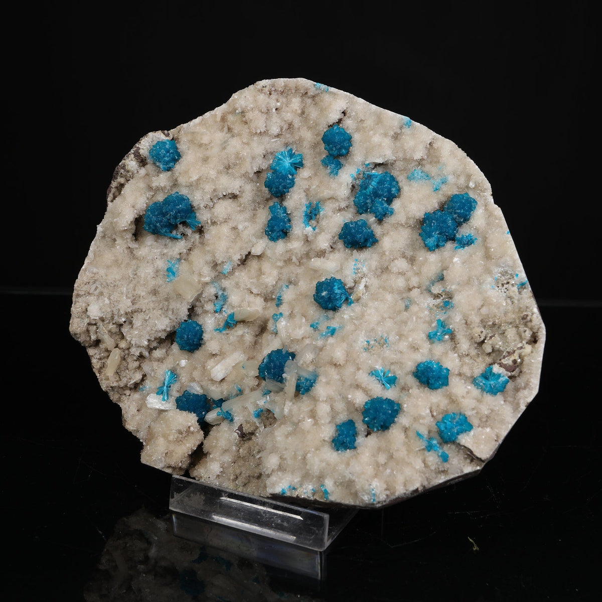Lustrous Electric-Blue Cavansite Rosette with Stilbite on Sparkling Heulandite Matrix – Rare Indian Zeolite Mineral Specimen from Pune # B 7245 Cavansite Superb Minerals 
