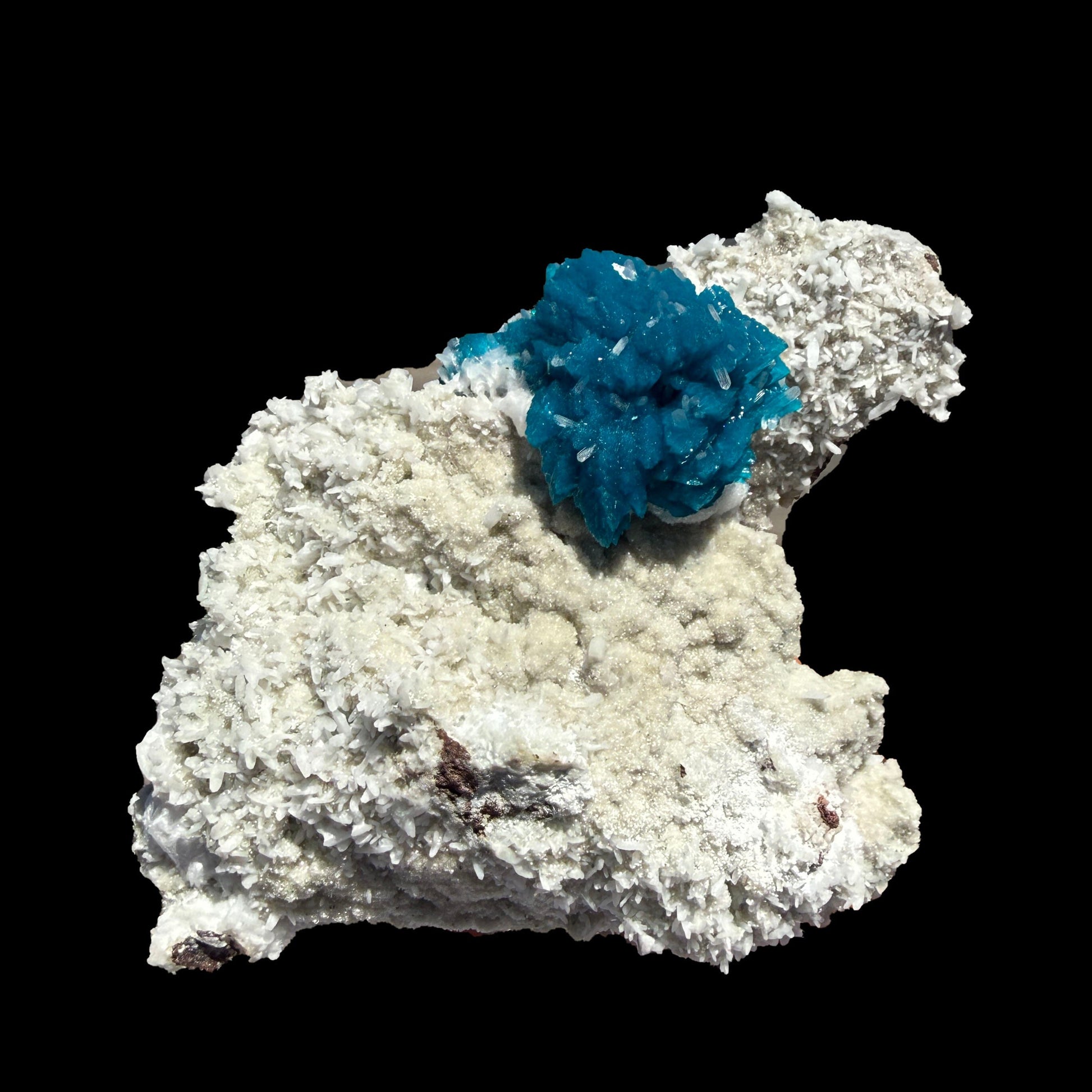 Lustrous Electric-Blue Cavansite Rosette with Stilbite on Sparkling Heulandite Matrix – Rare Indian Zeolite Mineral Specimen from Pune # B DKT138 Cavansite Superb Minerals 