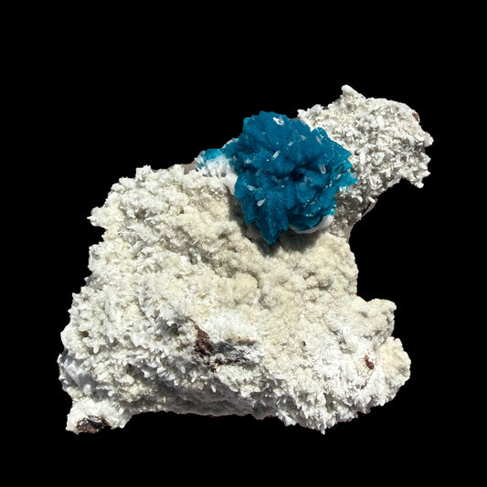 Lustrous Electric-Blue Cavansite Rosette with Stilbite on Sparkling Heulandite Matrix – Rare Indian Zeolite Mineral Specimen from Pune # B DKT138 Cavansite Superb Minerals 