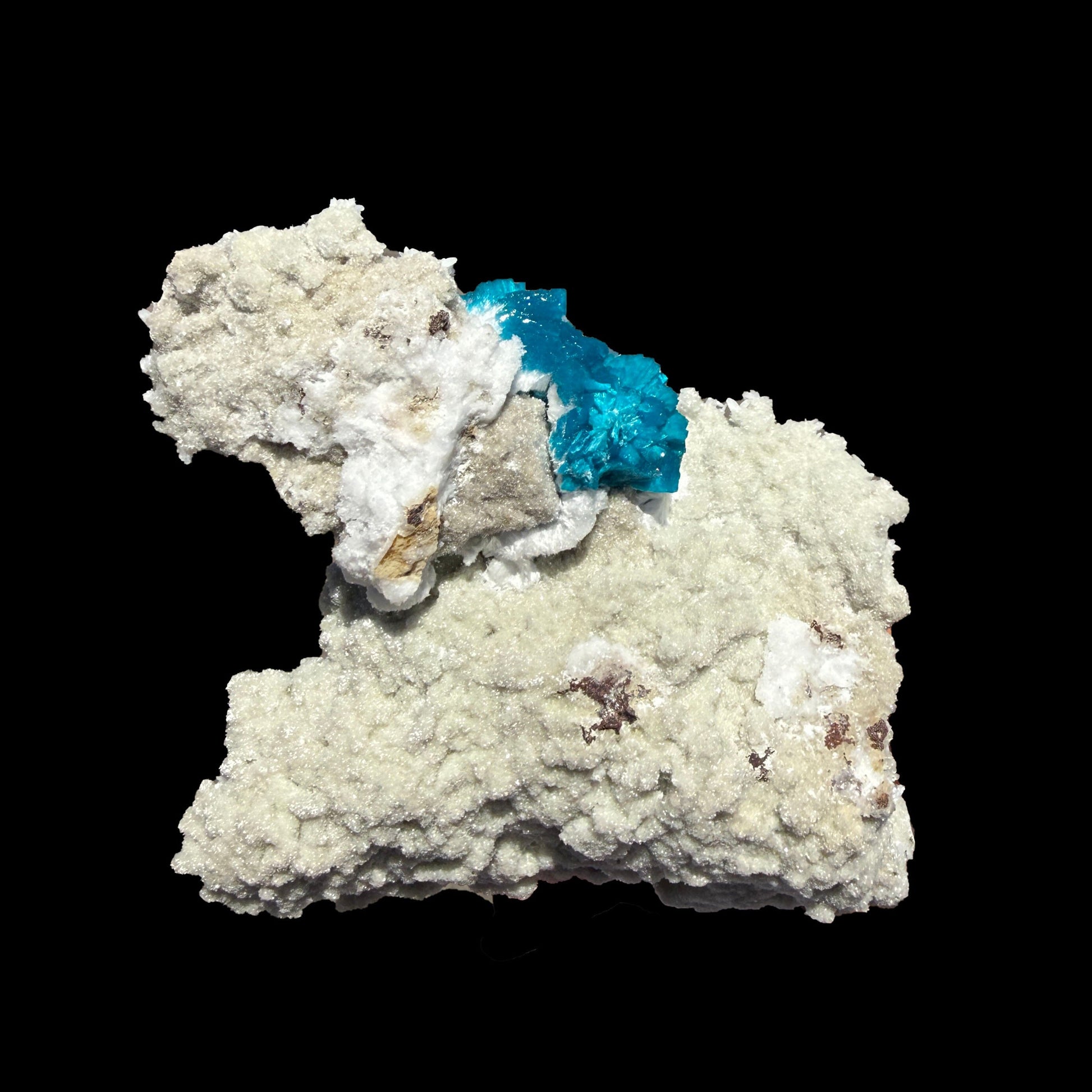 Lustrous Electric-Blue Cavansite Rosette with Stilbite on Sparkling Heulandite Matrix – Rare Indian Zeolite Mineral Specimen from Pune # B DKT138 Cavansite Superb Minerals 