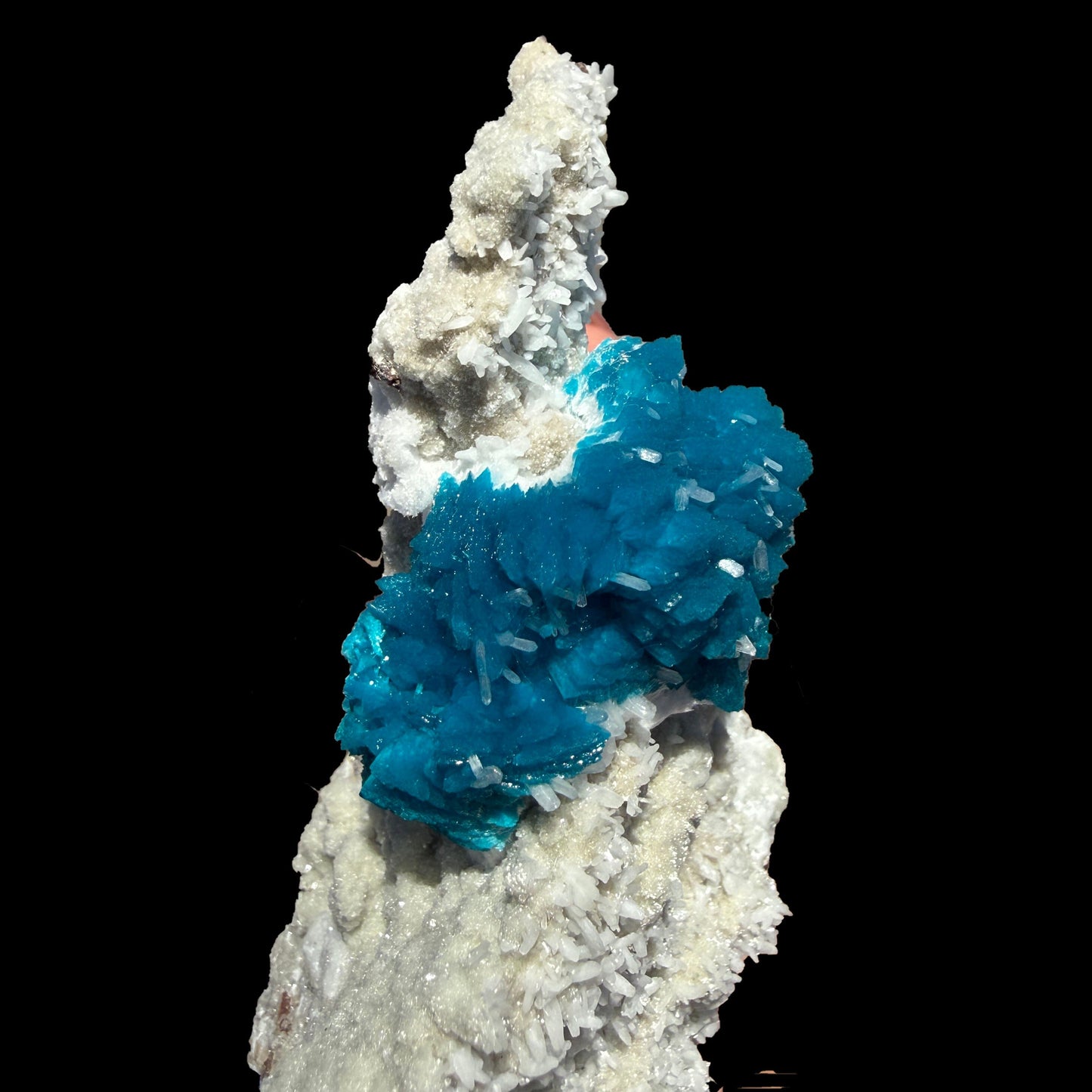Lustrous Electric-Blue Cavansite Rosette with Stilbite on Sparkling Heulandite Matrix – Rare Indian Zeolite Mineral Specimen from Pune # B DKT138 Cavansite Superb Minerals 