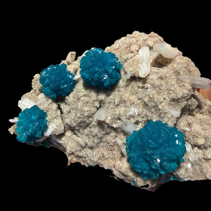 Lustrous Electric-Blue Cavansite Rosette with Stilbite on Sparkling Heulandite Matrix – Rare Indian Zeolite Mineral Specimen from Pune # B DKT141 Cavansite Superb Minerals 