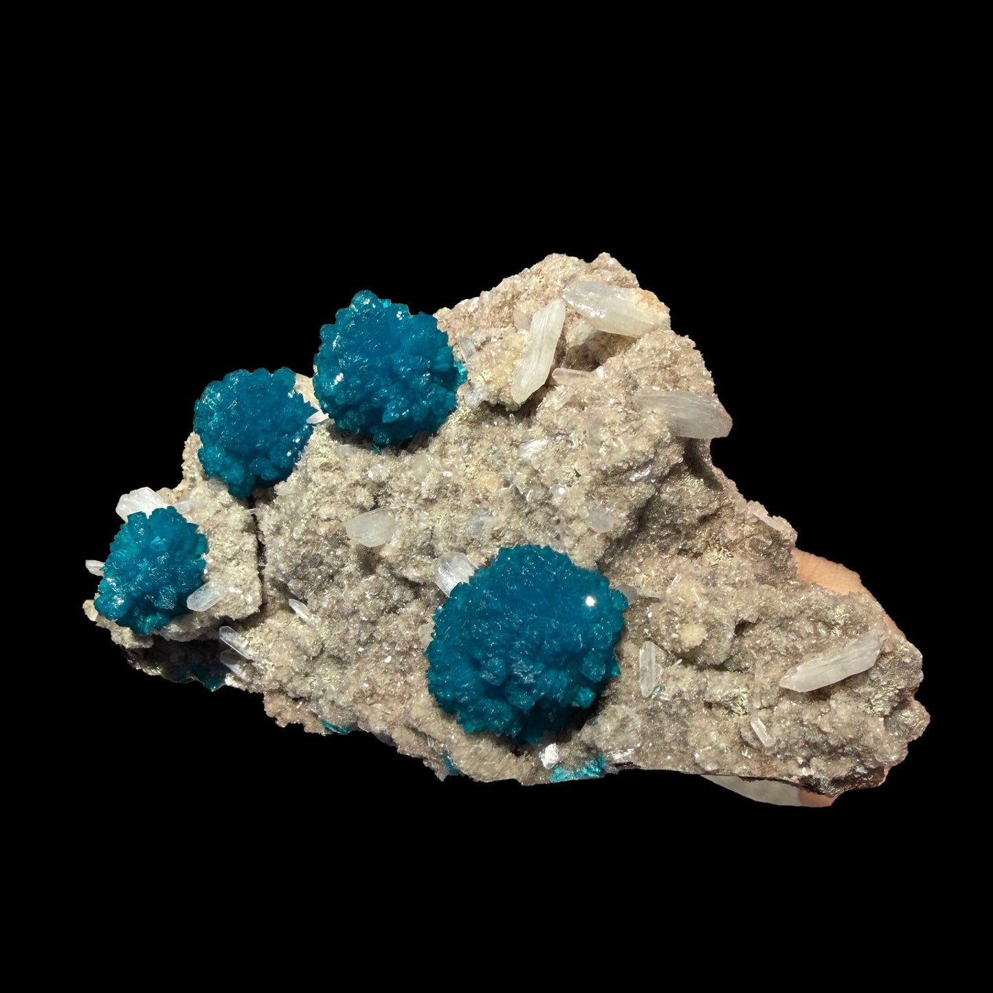 Lustrous Electric-Blue Cavansite Rosette with Stilbite on Sparkling Heulandite Matrix – Rare Indian Zeolite Mineral Specimen from Pune # B DKT141 Cavansite Superb Minerals 