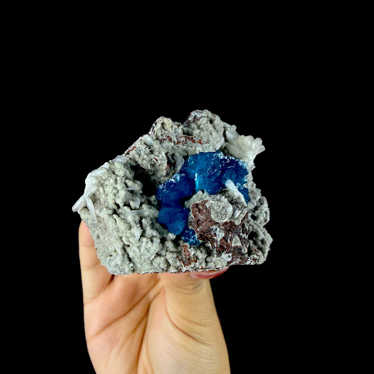 Lustrous Electric-Blue Cavansite Rosette with Stilbite on Sparkling Heulandite Matrix – Rare Indian Zeolite Mineral Specimen from Pune # DKT183 Cavansite Superb Minerals 