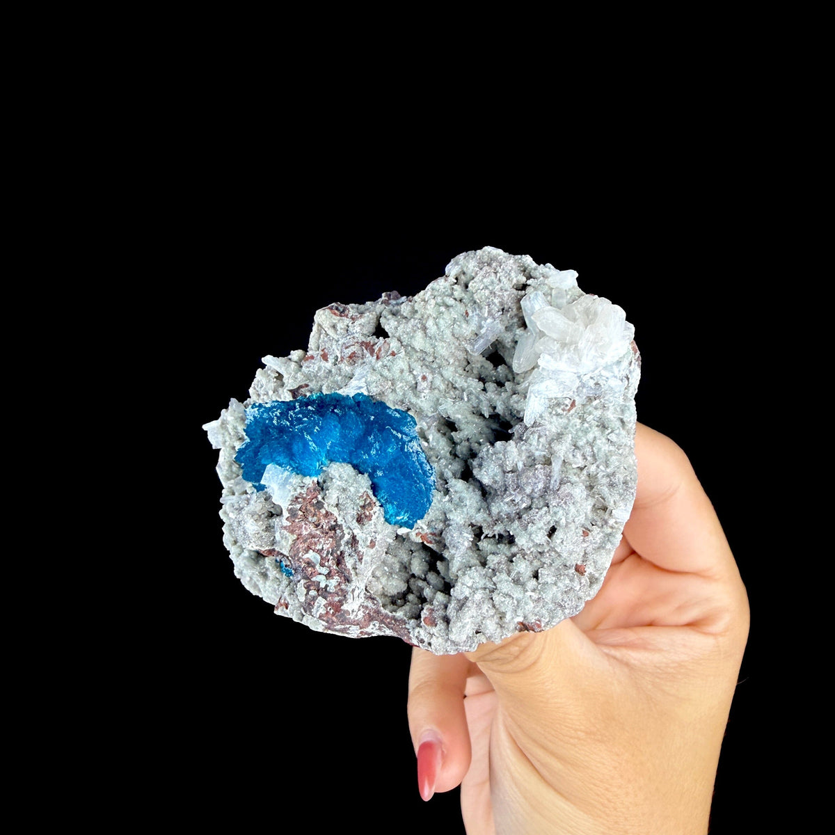 Lustrous Electric-Blue Cavansite Rosette with Stilbite on Sparkling Heulandite Matrix – Rare Indian Zeolite Mineral Specimen from Pune # DKT183 Cavansite Superb Minerals 