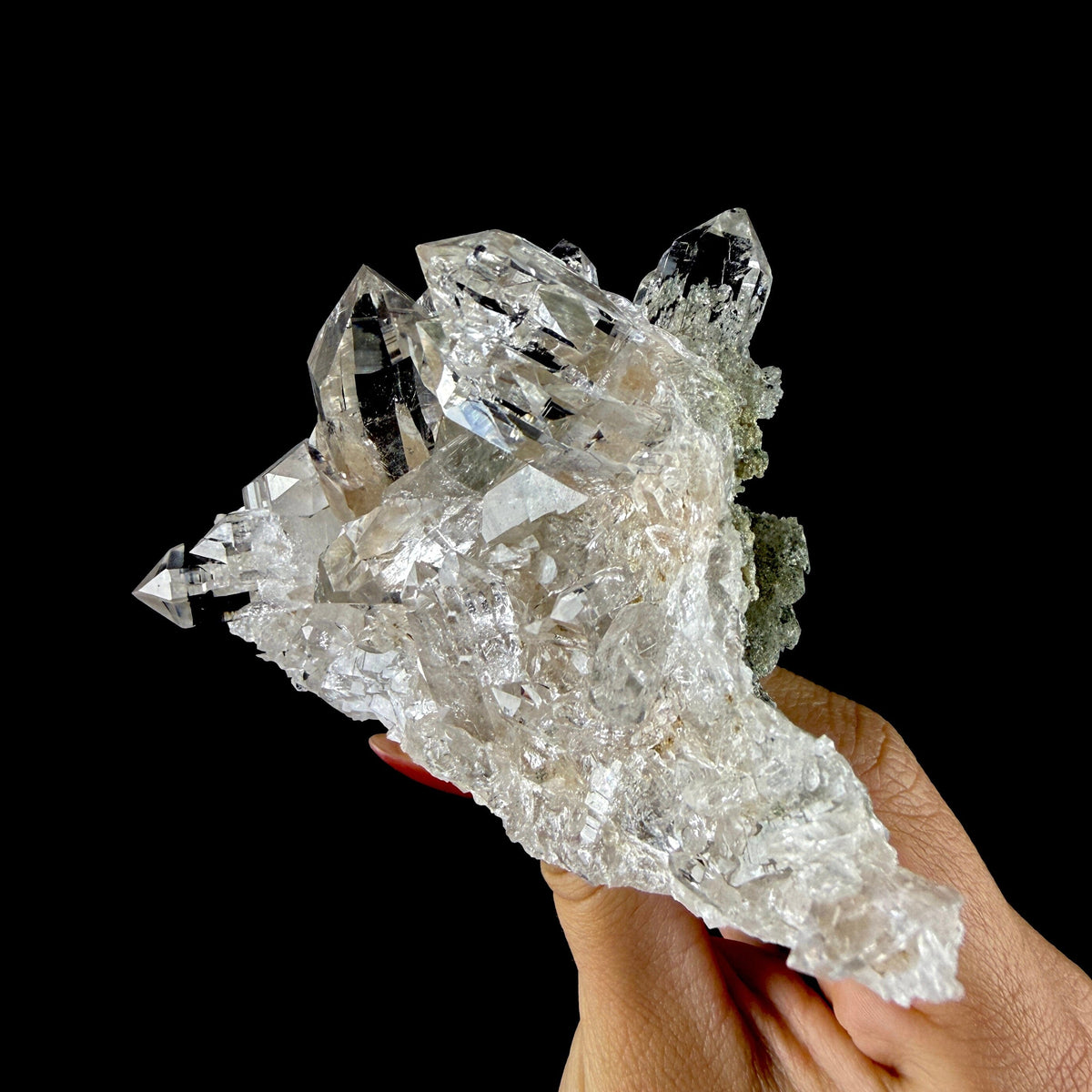 Lustrous Himalayan Clear Quartz Crystal Cluster with Chlorite Inclusions - Fine Cabinet Specimen from Himachal Pradesh, India # DKT201 Quartz Superb Minerals 