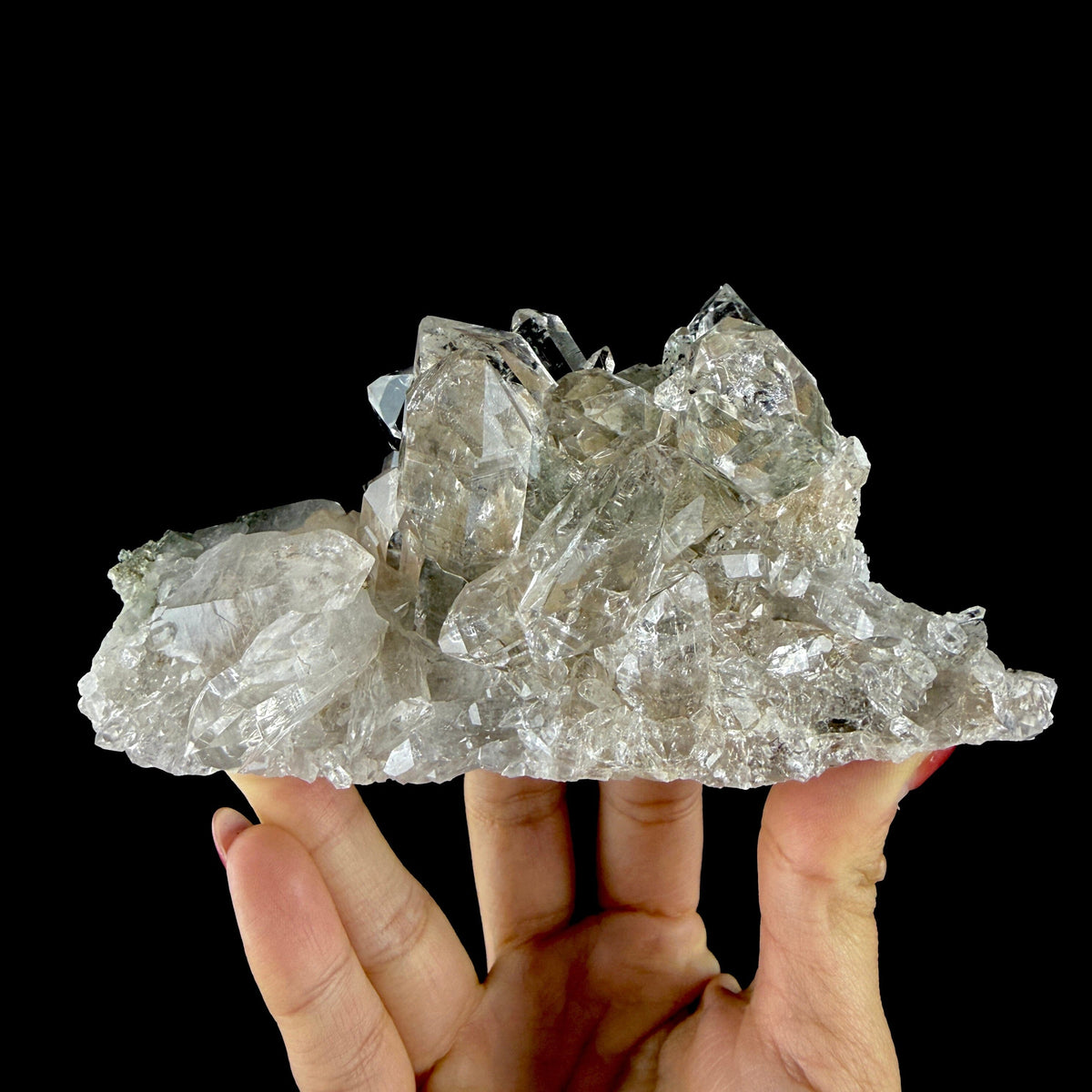 Lustrous Himalayan Clear Quartz Crystal Cluster with Chlorite Inclusions - Fine Cabinet Specimen from Himachal Pradesh, India # DKT201 Quartz Superb Minerals 