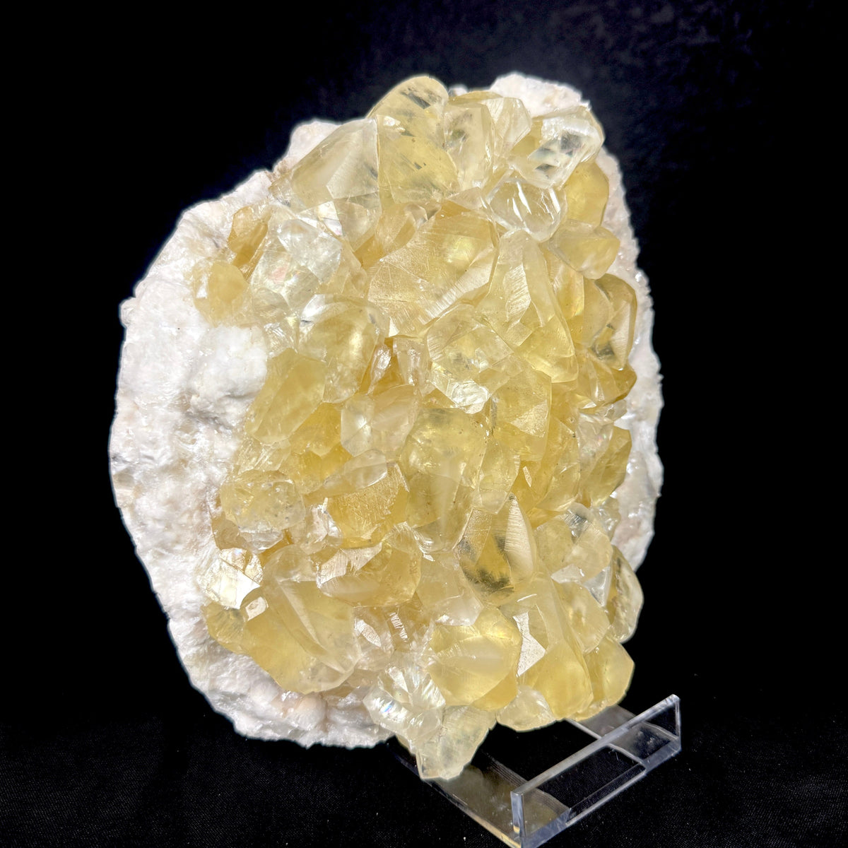 Lustrous Honey-Yellow Calcite Clusters on Pearlescent White Heulandite Matrix - Collector’s Cabinet Specimen from Chhatrapati Sambhaji Nagar, India # DKT174 Heulandite Superb Minerals 