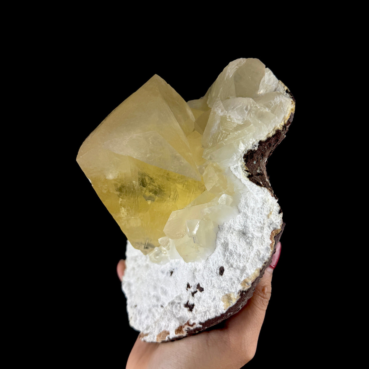 Lustrous Yellow Calcite Rhomb Perched on White Mordenite Matrix - Collector’s Cabinet Specimen from Chhatrapati Sambhaji Nagar, India # DKT190 Calcite Superb Minerals 