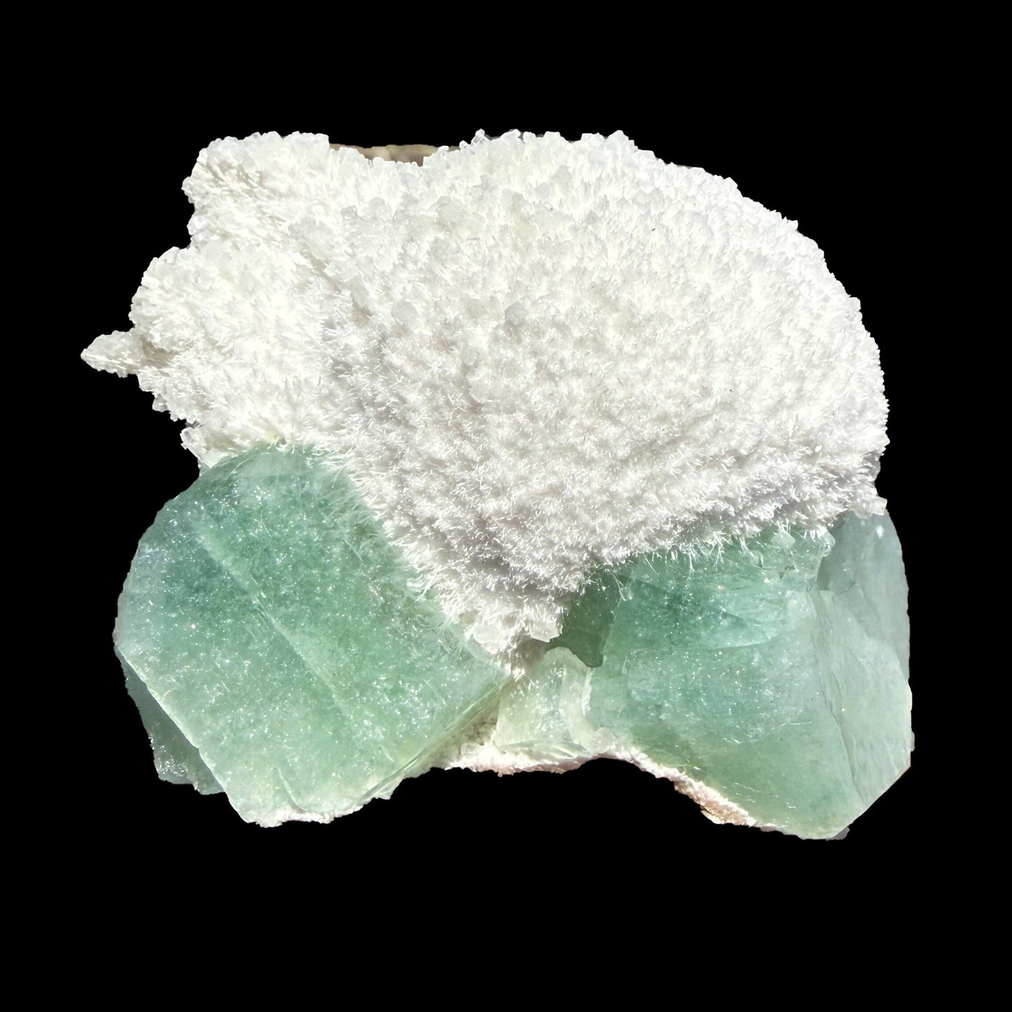 Mesolite on Green Apophyllite – Indian Zeolite Mineral Specimen from Pune # B DKT134 Mesolite Superb Minerals 