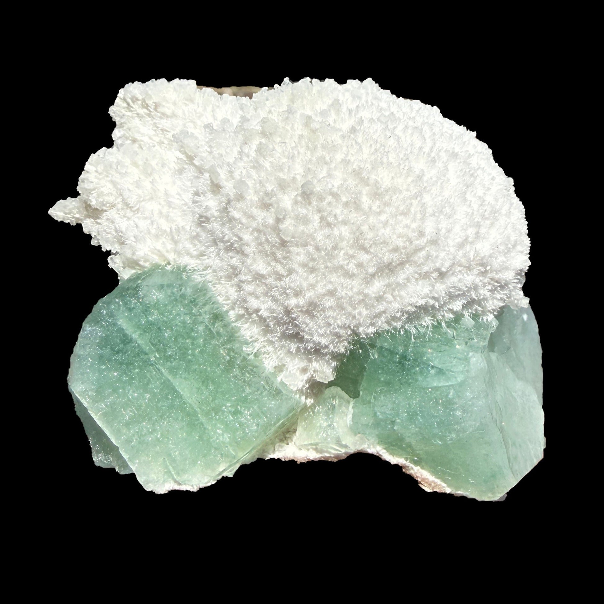 Mesolite on Green Apophyllite – Indian Zeolite Mineral Specimen from Pune # B DKT134 Mesolite Superb Minerals 
