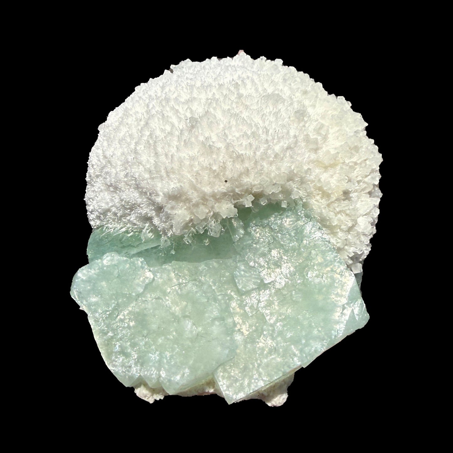 Mesolite on Green Apophyllite – Indian Zeolite Mineral Specimen from Pune # B DKT134 Mesolite Superb Minerals 