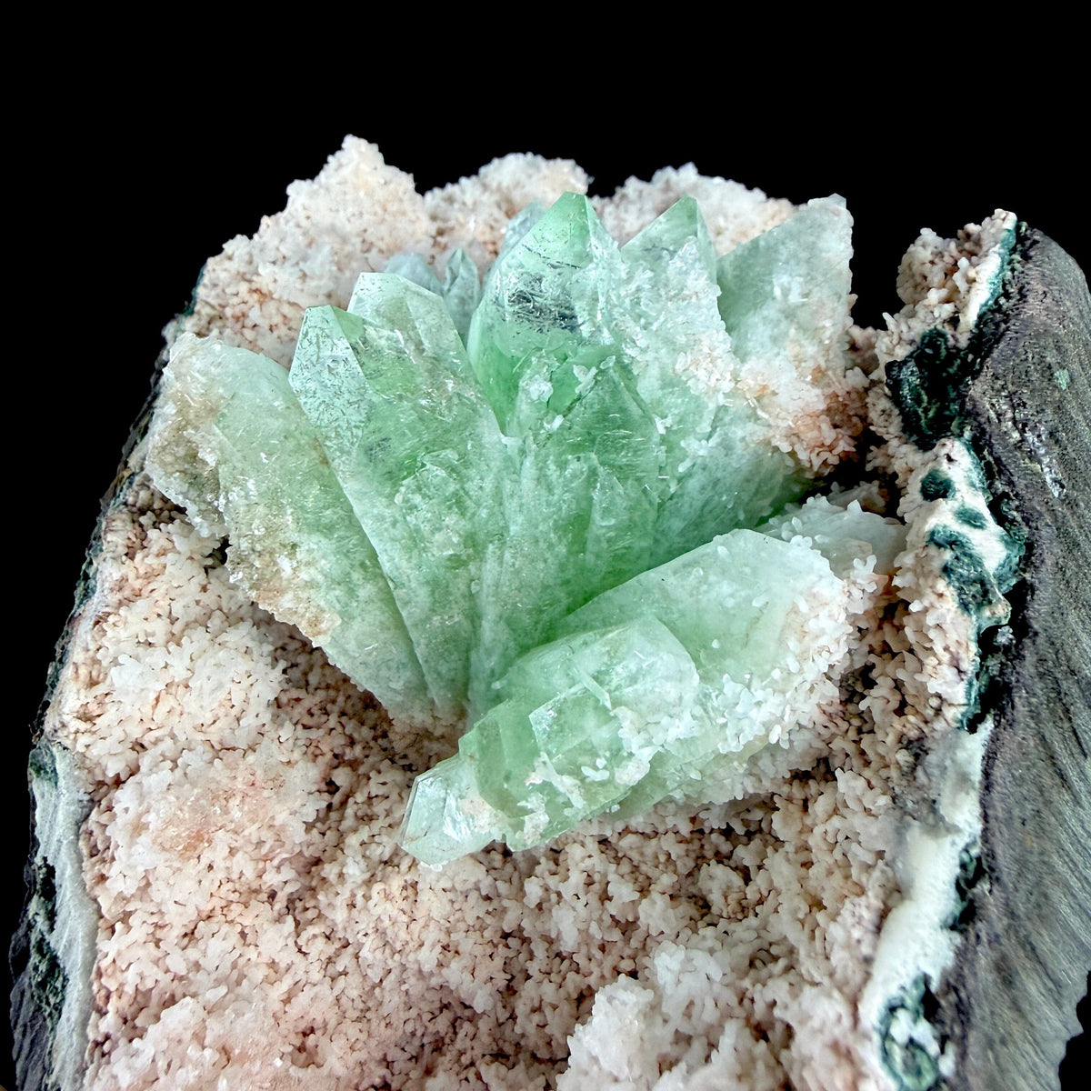 Mint Green Apophyllite Flower Cluster in Pink Chalcedony Geode Pocket - Collector’s Cabinet Specimen from Jalgaon, India # DKT178 Apophyllite Superb Minerals 