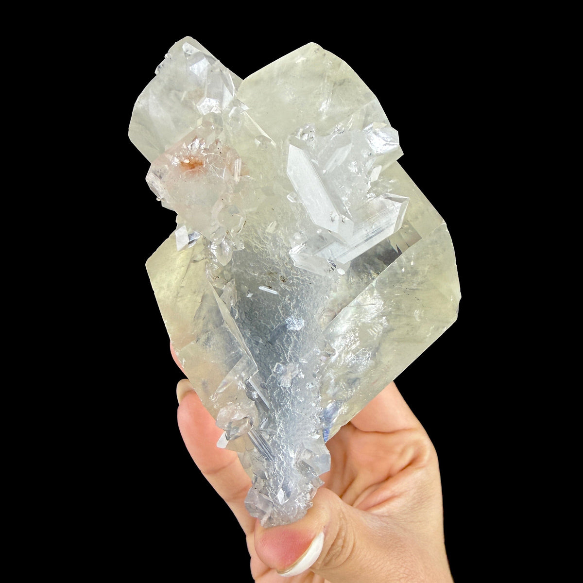 Optical Clear Calcite Rhomb with Prismatic Apophyllite on Bluish Chalcedony Stalactite - Collector’s Cabinet Specimen from Jalgaon, India # DKT177 Calcite Superb Minerals 
