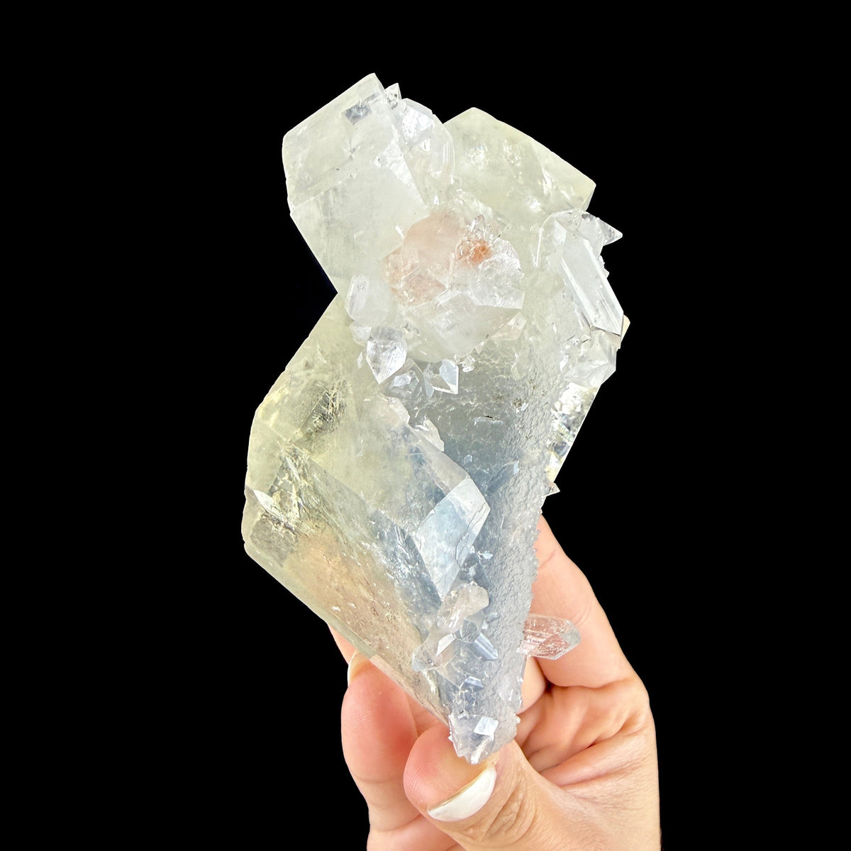 Optical Clear Calcite Rhomb with Prismatic Apophyllite on Bluish Chalcedony Stalactite - Collector’s Cabinet Specimen from Jalgaon, India # DKT177 Calcite Superb Minerals 