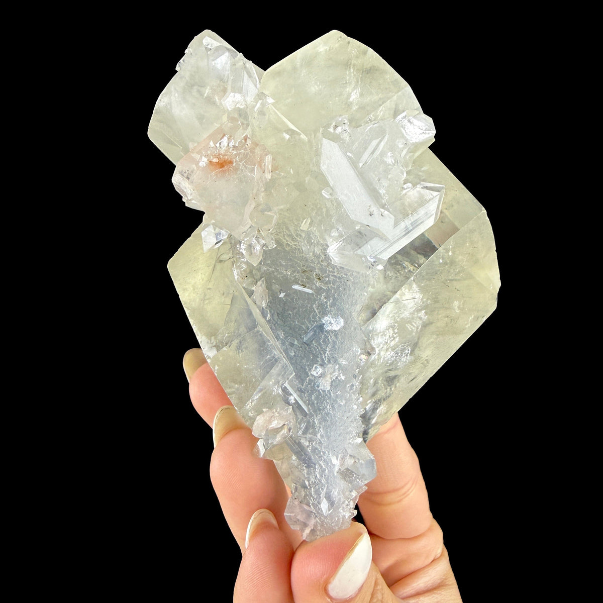 Optical Clear Calcite Rhomb with Prismatic Apophyllite on Bluish Chalcedony Stalactite - Collector’s Cabinet Specimen from Jalgaon, India # DKT177 Calcite Superb Minerals 