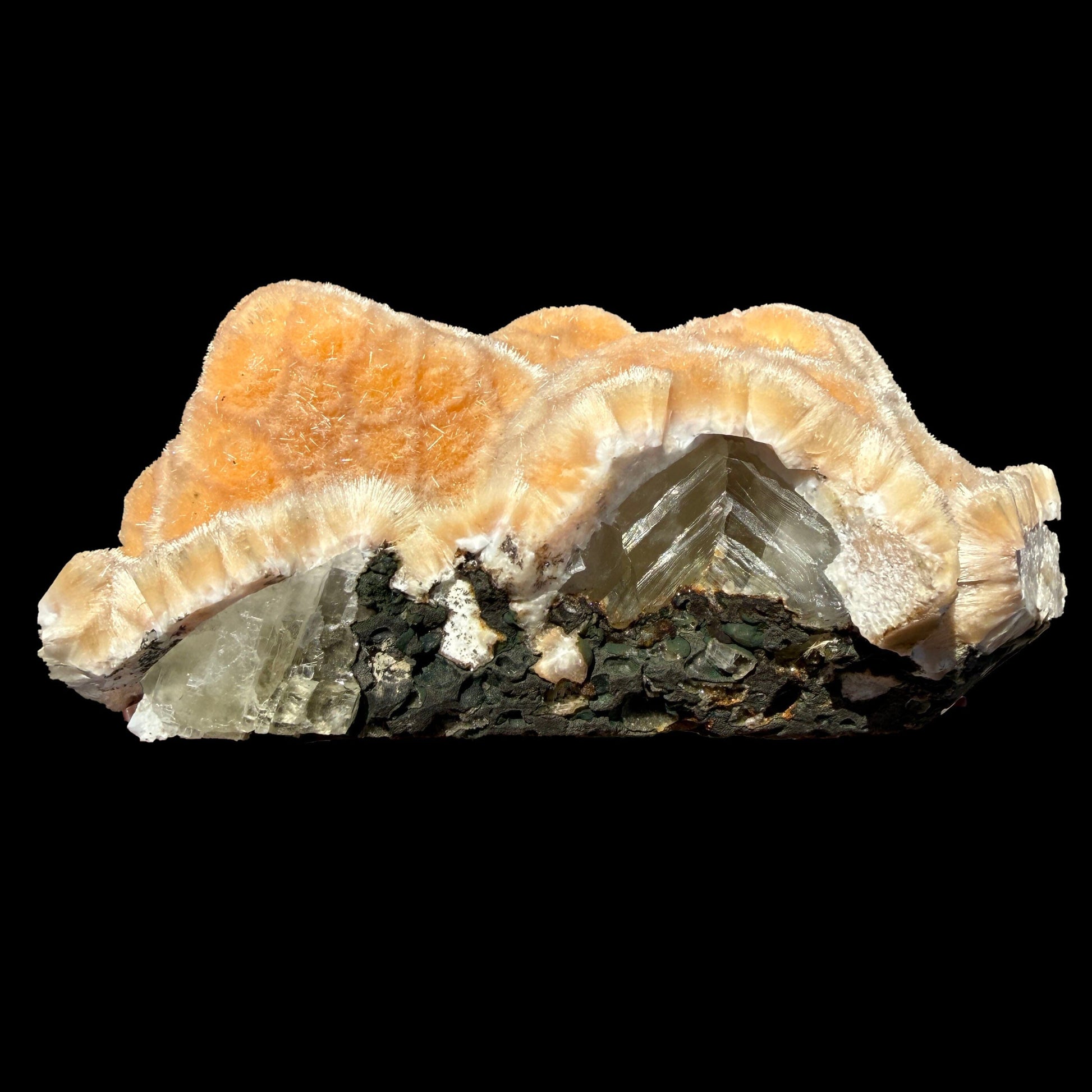 Orange Botryoidal Thomsonite with Needle Mesolite & Calcite – Indian Zeolite Mineral Specimen from Madhya Pradesh # DKT112 Thomsonite Superb Minerals 