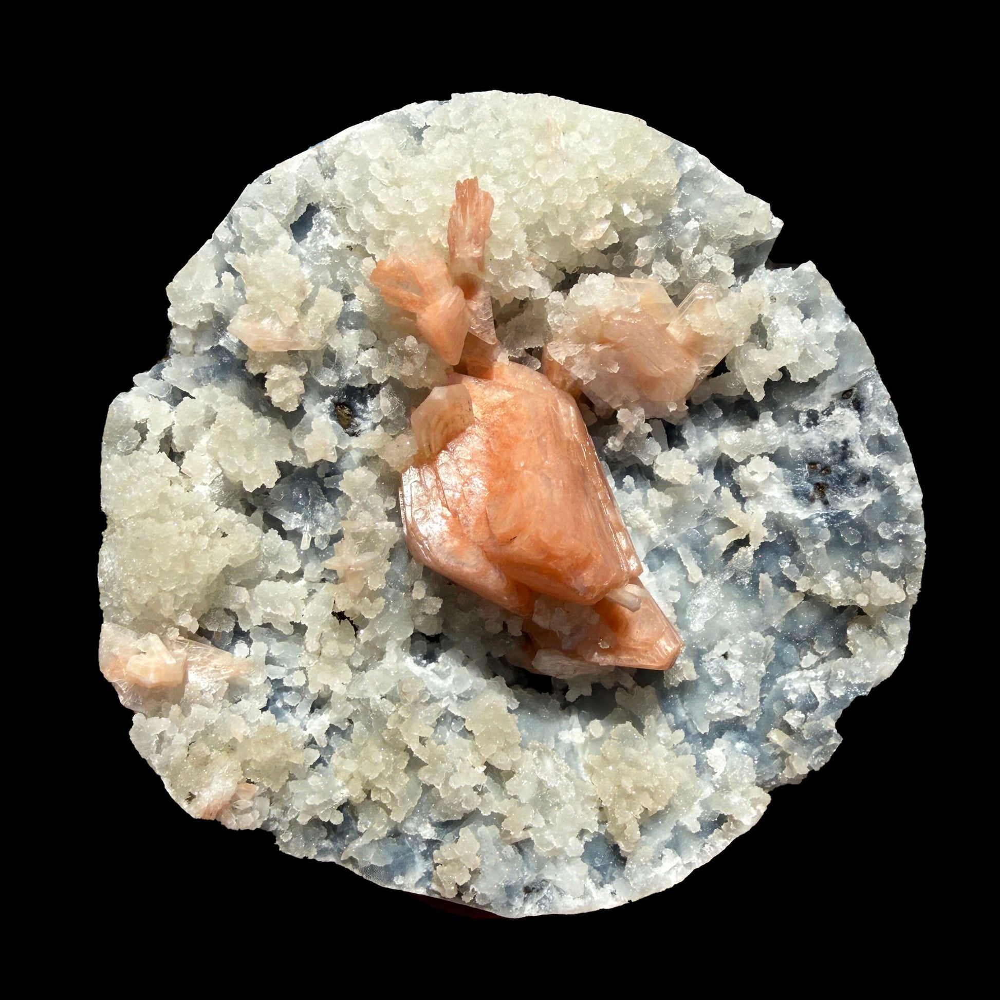 Peach Heulandite on Sparkling Chalcedony Matrix – Indian Zeolite Mineral from Jalgaon# DKT126 Heulandite Superb Minerals 