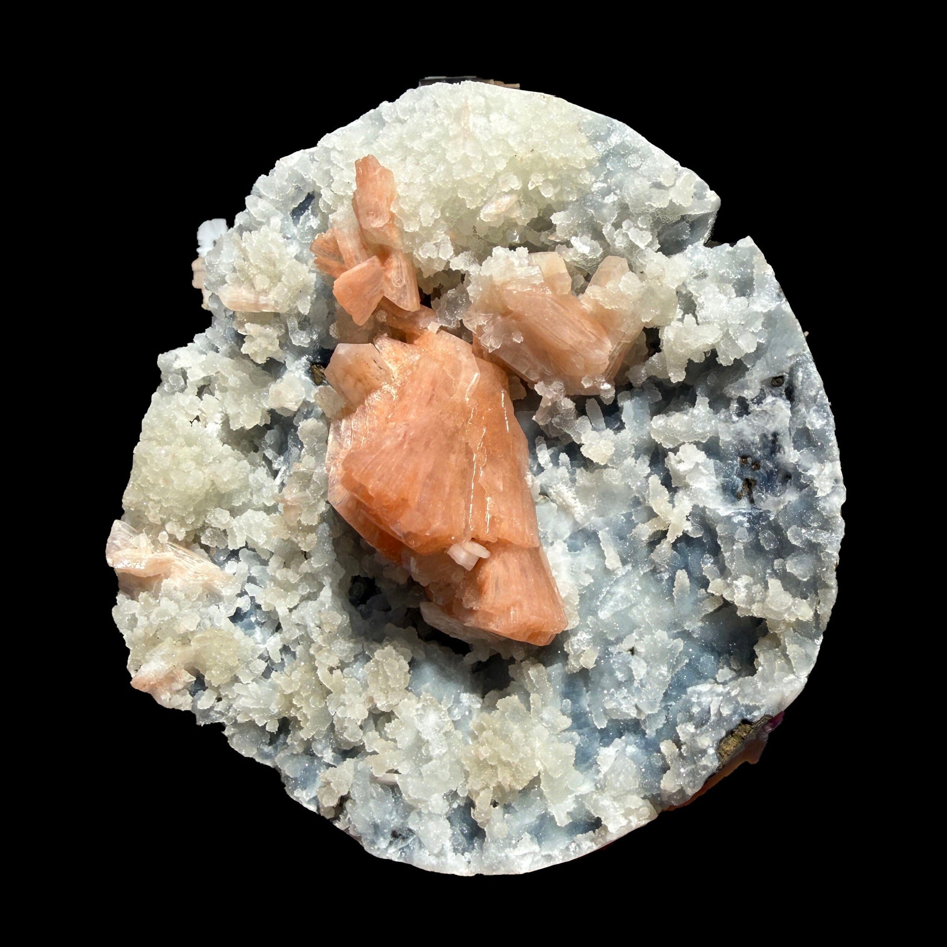 Peach Heulandite on Sparkling Chalcedony Matrix – Indian Zeolite Mineral from Jalgaon# DKT126 Heulandite Superb Minerals 