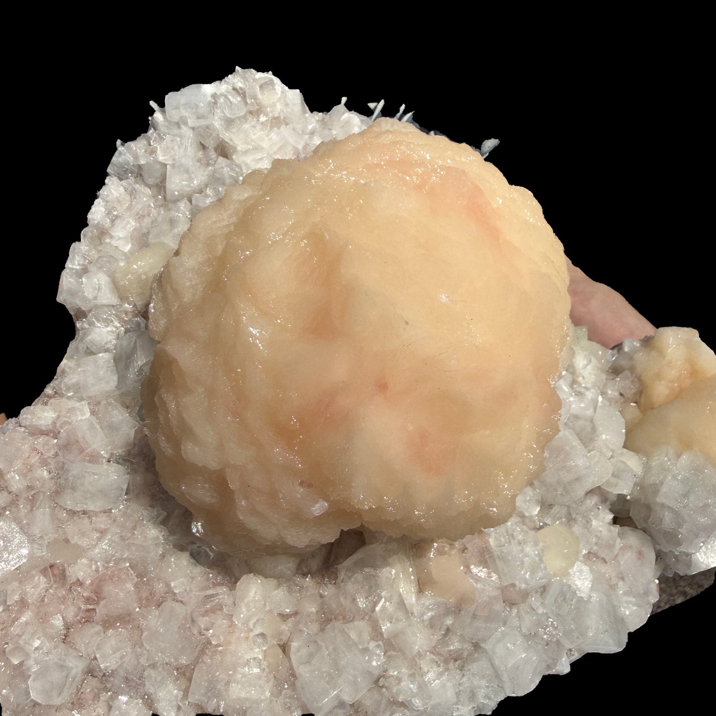 Peach Stilbite Ball Cluster on Blocky Clear Apophyllite Matrix – Rare Indian Zeolite Mineral Specimen from Nashik # DKT129 Stilbite Superb Minerals 