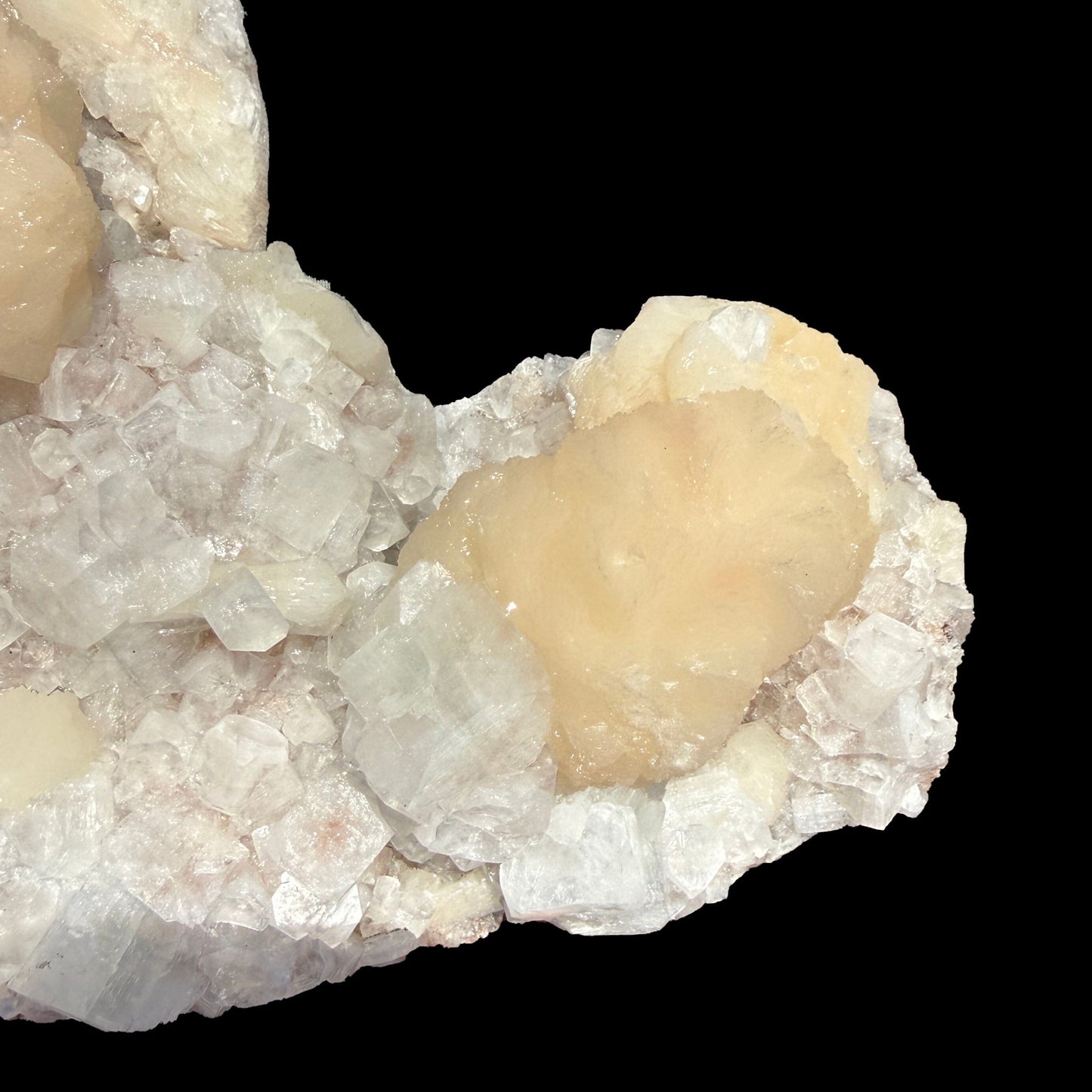 Peach Stilbite Ball Cluster on Blocky Clear Apophyllite Matrix – Rare Indian Zeolite Mineral Specimen from Nashik # DKT129 Stilbite Superb Minerals 