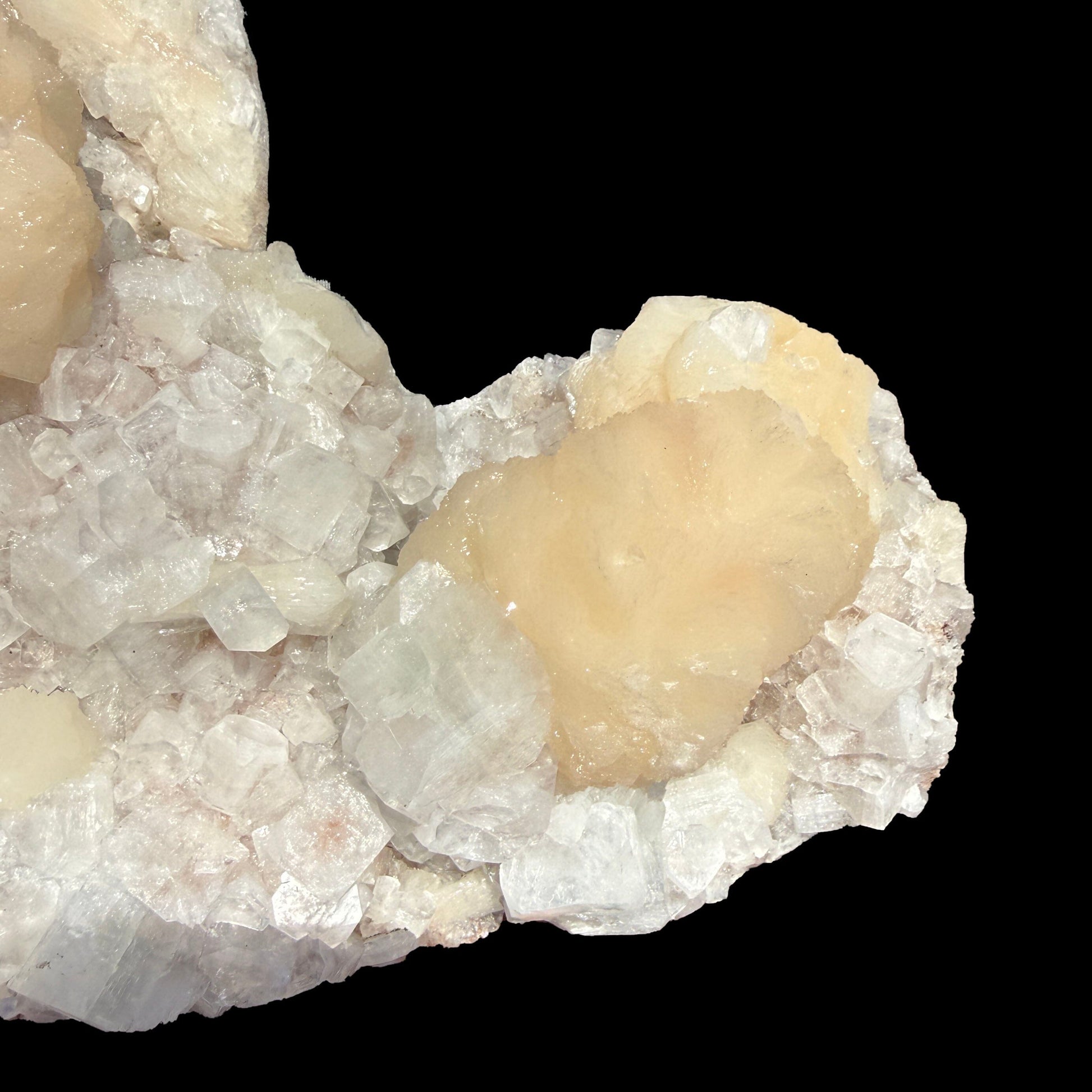 Peach Stilbite Ball Cluster on Blocky Clear Apophyllite Matrix – Rare Indian Zeolite Mineral Specimen from Nashik # DKT129 Stilbite Superb Minerals 