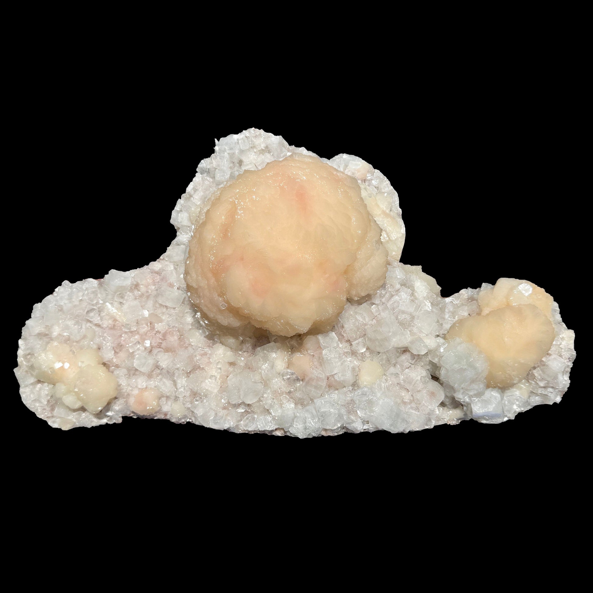 Peach Stilbite Ball Cluster on Blocky Clear Apophyllite Matrix – Rare Indian Zeolite Mineral Specimen from Nashik # DKT129 Stilbite Superb Minerals 