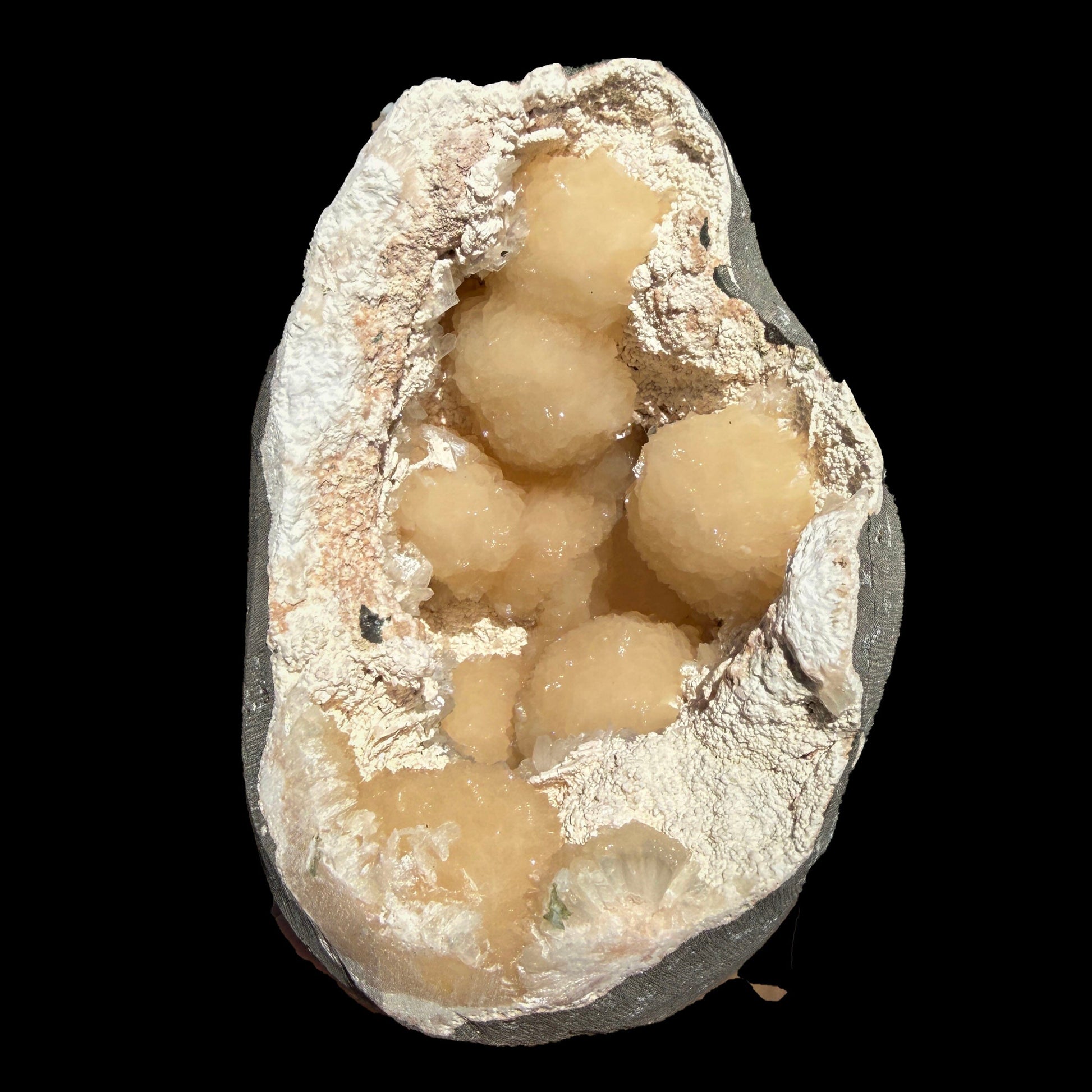 Peach Stilbite Clusters in Shimmering Chalcedony Geode Vug – Premium Indian Zeolite Mineral Specimen from Nashik # DKT120 Stilbite Superb Minerals 