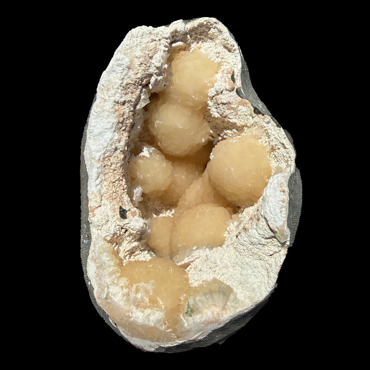 Peach Stilbite Clusters in Shimmering Chalcedony Geode Vug – Premium Indian Zeolite Mineral Specimen from Nashik # DKT120 Stilbite Superb Minerals 