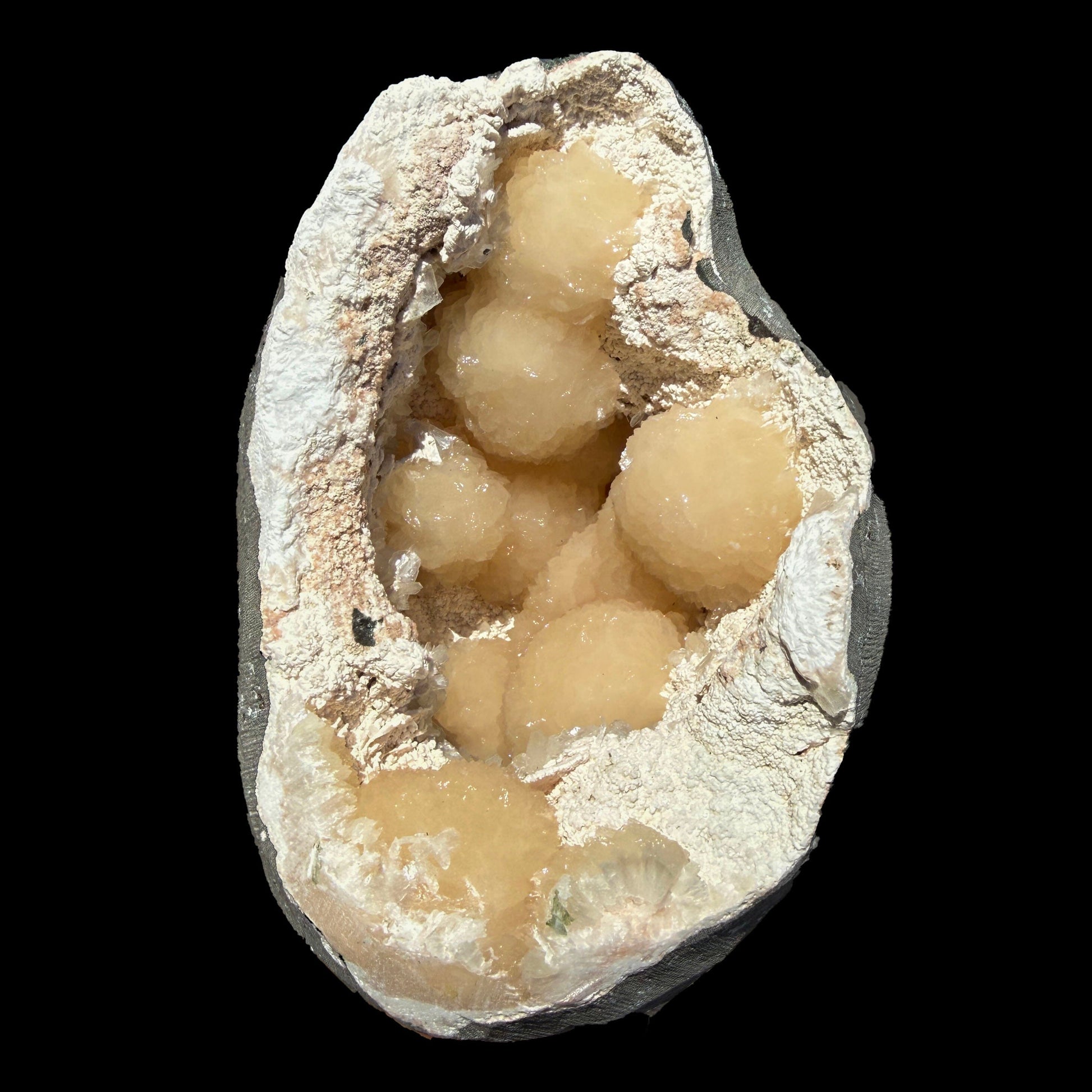 Peach Stilbite Clusters in Shimmering Chalcedony Geode Vug – Premium Indian Zeolite Mineral Specimen from Nashik # DKT120 Stilbite Superb Minerals 
