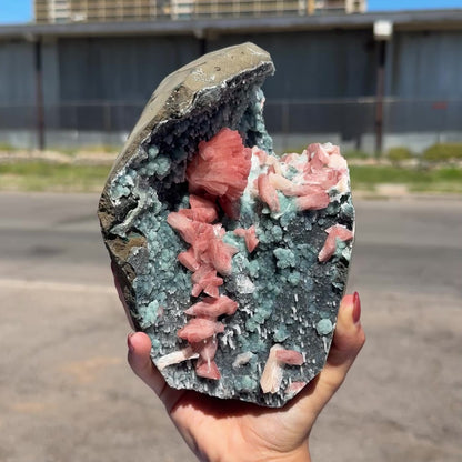 Salmon Red - Heulandite Clusters on Sparkling Grey Chalcedony Geode Matrix – Rare Indian Zeolite Mineral Specimen from Jalgaon # DKT131