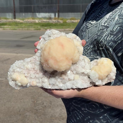 Peach Stilbite Ball Cluster on Blocky Clear Apophyllite Matrix – Rare Indian Zeolite Mineral Specimen from Nashik # DKT129