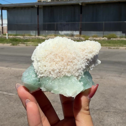 Mesolite on Green Apophyllite – Indian Zeolite Mineral Specimen from Pune # B DKT134