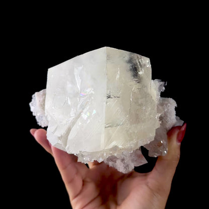 Calcite Cluster with Fluorapophyllite on Shimmering Chalcedony Matrix – Rare Indian Mineral Specimen from Jalgaon DKT130