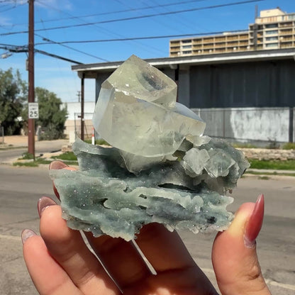 Natural Calcite Crystal on Chalcedony –  Raw Mineral Cluster # DKT40
