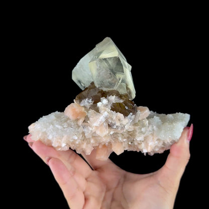 Dual-Generation Golden & Amber Calcite Perched on Peach Stilbite & Sparkling Chalcedony Matrix - Collector’s Cabinet Specimen from Jalgaon, India # DKT187
