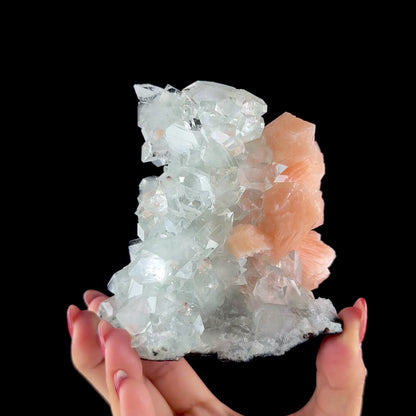 Lustrous Apophyllite Pyramid Cluster on Peach Stilbite - Natural Indian Zeolite from Jalgaon # DKT150