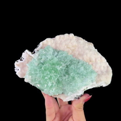 Lush Mint Green Apophyllite Cluster on Sparkling Chalcedony & Calcite Matrix - Collector’s Cabinet Specimen from Ahilyanagar, India # DKT185