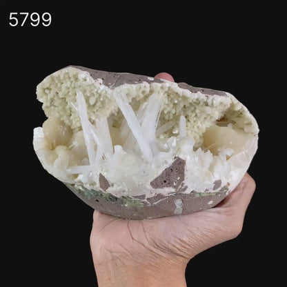 Scolecite Sprays Inside Heulandite Geode Natural Mineral Specimen # B 5799