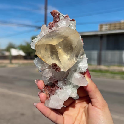 Rare Calcite Cube with Red Apophyllite – Natural Indian Zeolite Mineral Specimen | Collector Grade Crystal Display Piece # DKT35