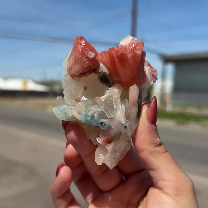 Red Heulandite & Stilbite Cluster on Chalcedony-Coated Calcite – Rare Indian Zeolite Mineral Specimen from Jalgaon # DKT101