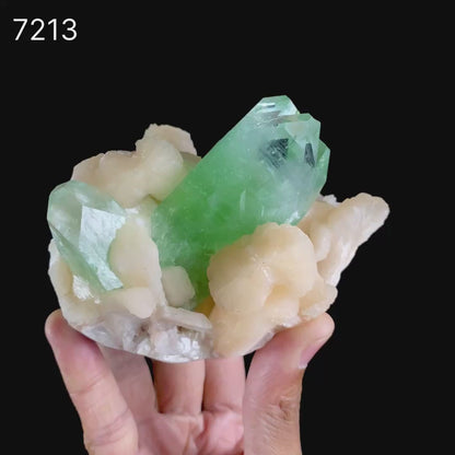 Green Apophyllite Crystal with Peach Stilbite - Madhya Pradesh Mineral Specimen # B 7213