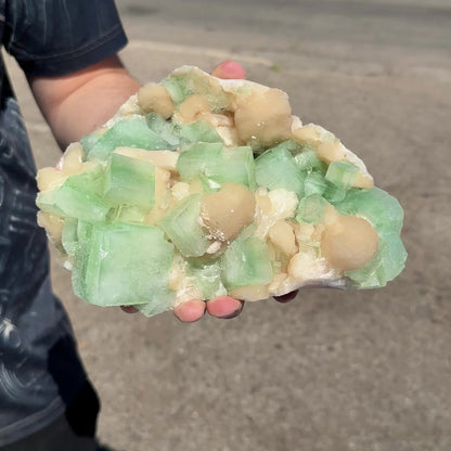 Green Apophyllite with Sparkling Micro-Apophyllite Coating & Peach Stilbite – Premium Cabinet Specimen from Nashik # DKT125