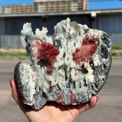 Heulandite on Blue Chalcedony  – Rare Natural Indian Zeolite Mineral Specimen from Maharashtra DKT77