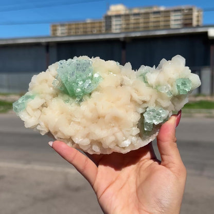 Rare Disco Ball Green Apophyllite with Stilbite Natural Mineral Specimen from Ahmednagar, Maharashtra, India DKT75