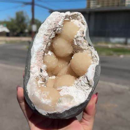 Peach Stilbite Clusters in Shimmering Chalcedony Geode Vug – Premium Indian Zeolite Mineral Specimen from Nashik # DKT120
