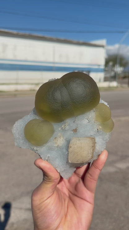 Rare Green Fluorite with Calcite on Sky Blue Chalcedony Fine Mineral Specimen – Large Display Collector Crystal from India # DKT14
