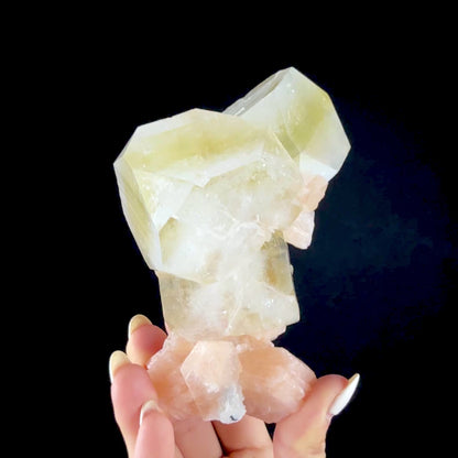 Green Apophyllite Crystal with Peach Stilbite - Collector’s Cabinet Specimen from Nashik, India # DKT165