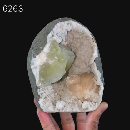 Green Apophyllite Cube with Stilbite geode Self Standing Natural Mineral Specimen # B 6263