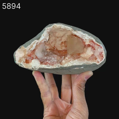 Calcite Cube with stilbite inside Chalcedony Geode Natural Mineral Specimen # B 5894